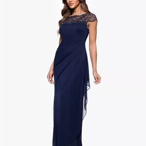 Xscape Navy Beaded Illusion Yoke Maxi Gown